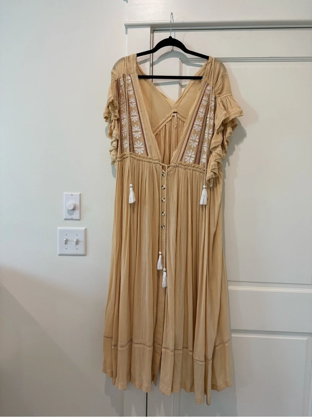 Free People Beige Embroidered Midi Dress with Tassels